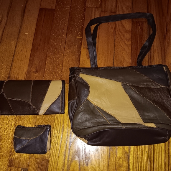 New patchwork leather handbag wallet coin purse 3 piece set - Picture 3 of 4